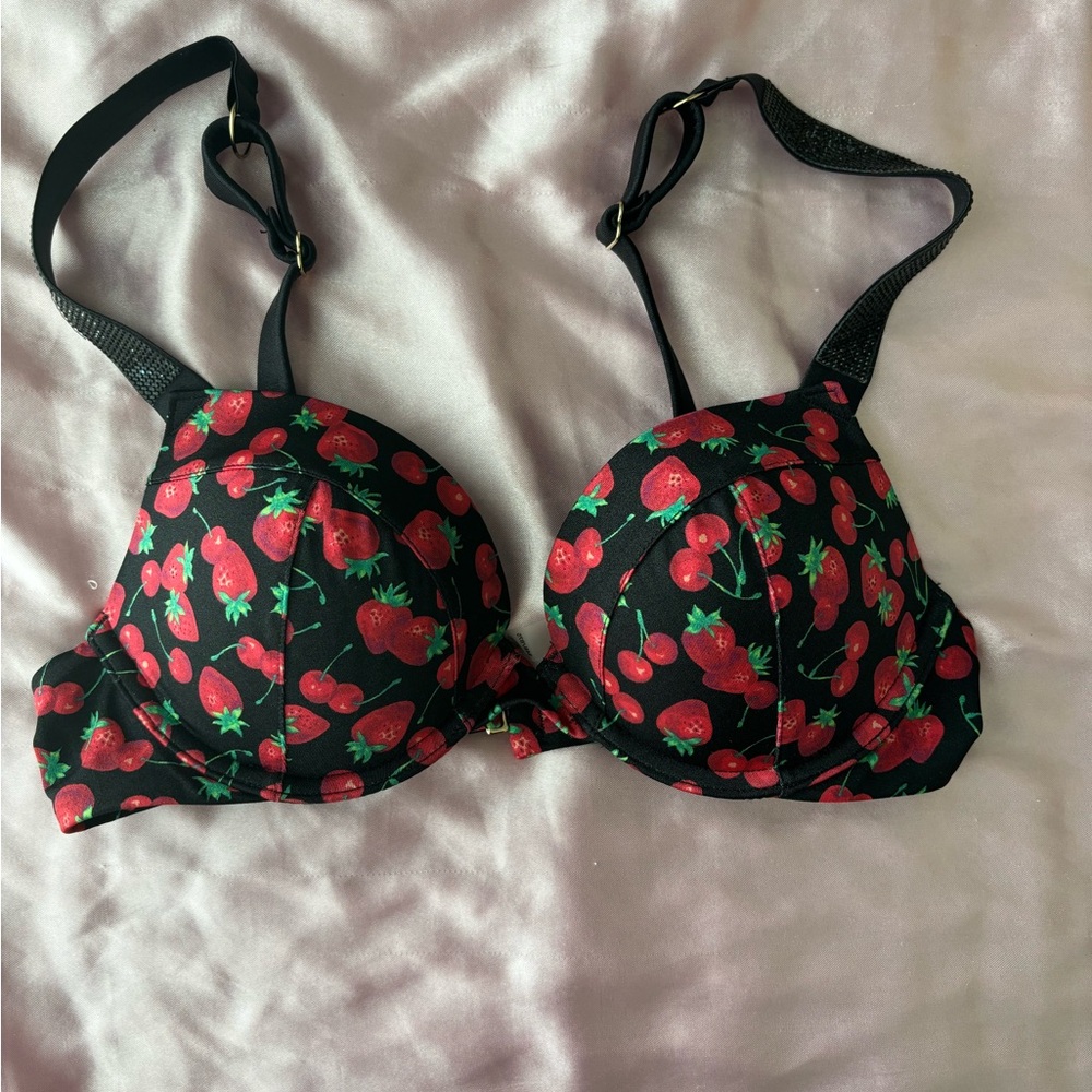 Victoria's Secret Black Bikini Top with Strawberry and Cherry Design
